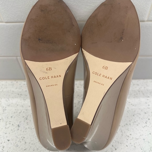 Cole Haan peep toe patent wedges, 3 inch heel, nude/tan color, Size 6 - Picture 2 of 5